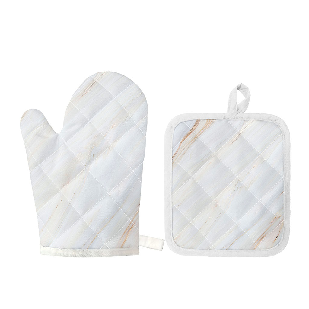 White Brown Smooth Marble Print Oven Mitt And Pot Holder Set