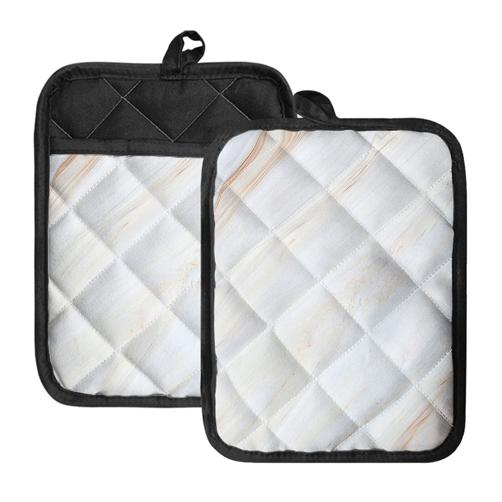 White Brown Smooth Marble Print Pot Holders With Pocket