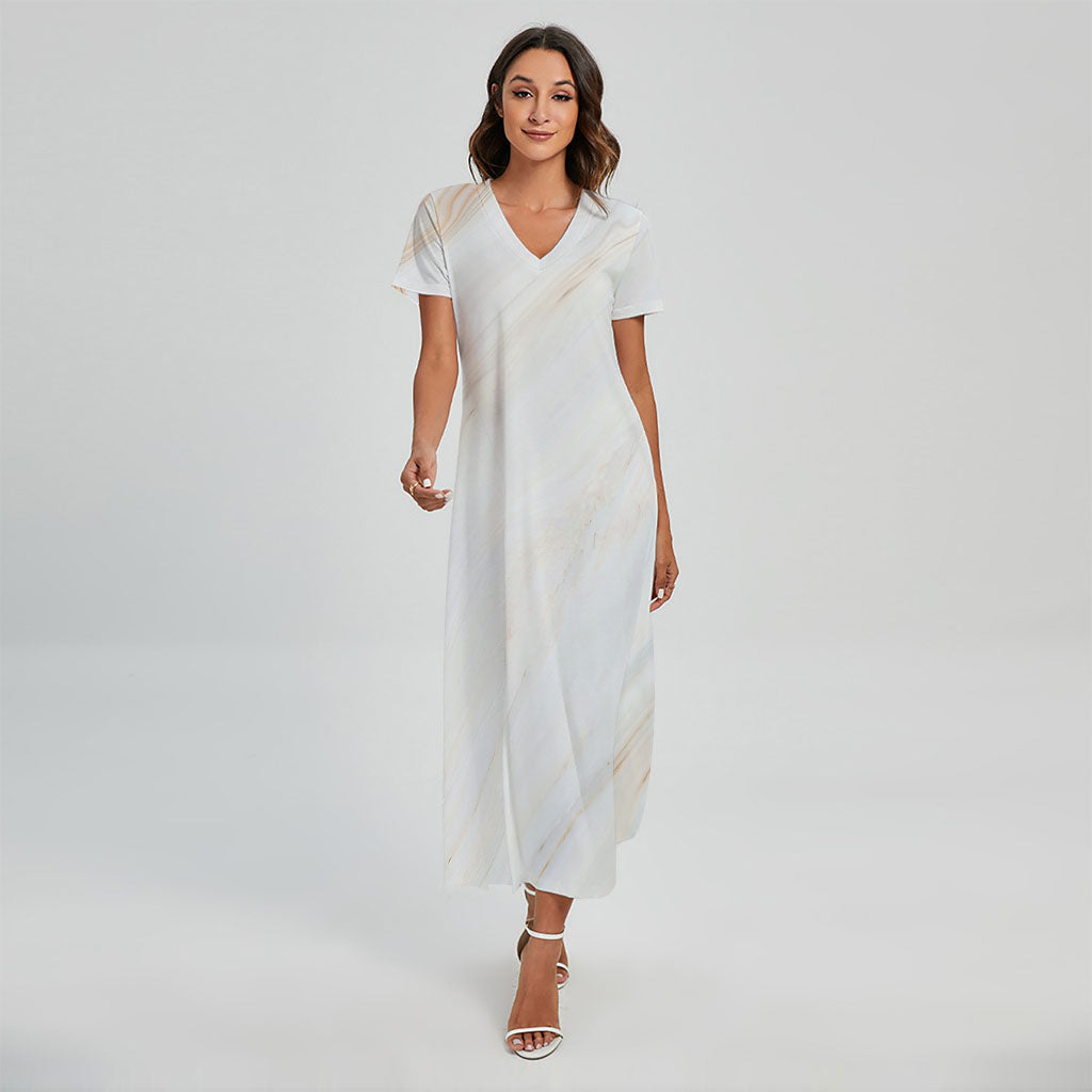 White Brown Smooth Marble Print Short Sleeve Maxi Dress
