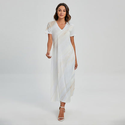 White Brown Smooth Marble Print Short Sleeve Maxi Dress