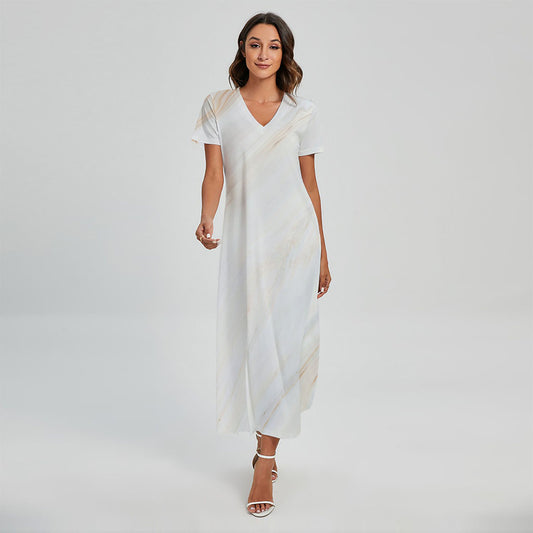 White Brown Smooth Marble Print Short Sleeve Maxi Dress