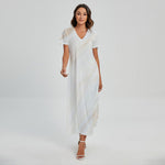 White Brown Smooth Marble Print Short Sleeve Maxi Dress
