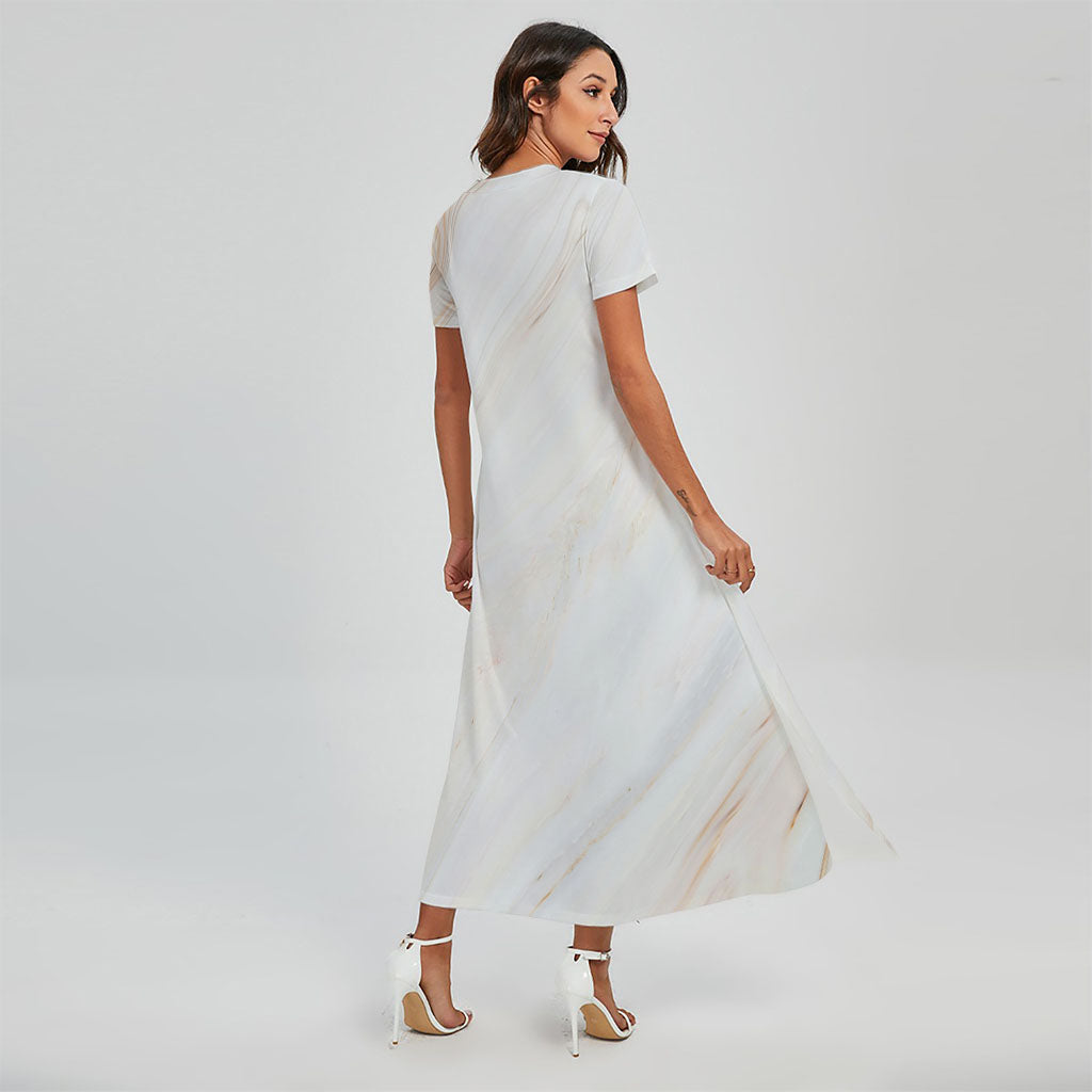 White Brown Smooth Marble Print Short Sleeve Maxi Dress