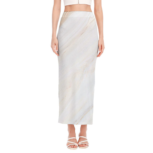White Brown Smooth Marble Print Side Slit Maxi Skirt