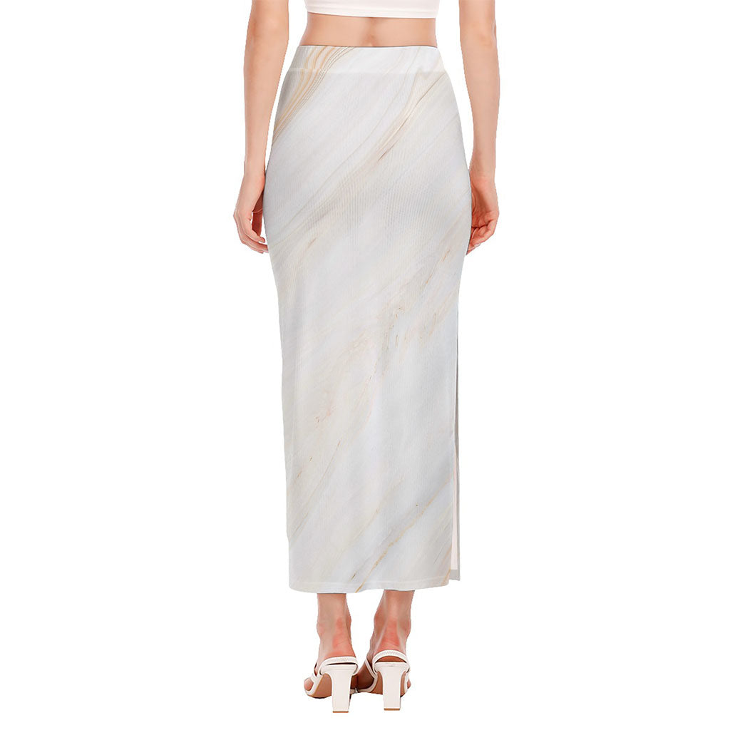 White Brown Smooth Marble Print Side Slit Maxi Skirt