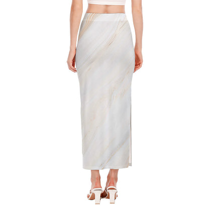 White Brown Smooth Marble Print Side Slit Maxi Skirt