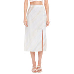 White Brown Smooth Marble Print Side Slit Midi Skirt