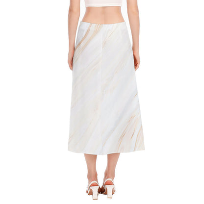 White Brown Smooth Marble Print Side Slit Midi Skirt
