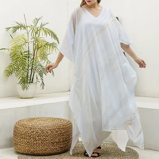 White Brown Smooth Marble Print Silk V-Neck Kaftan Dress