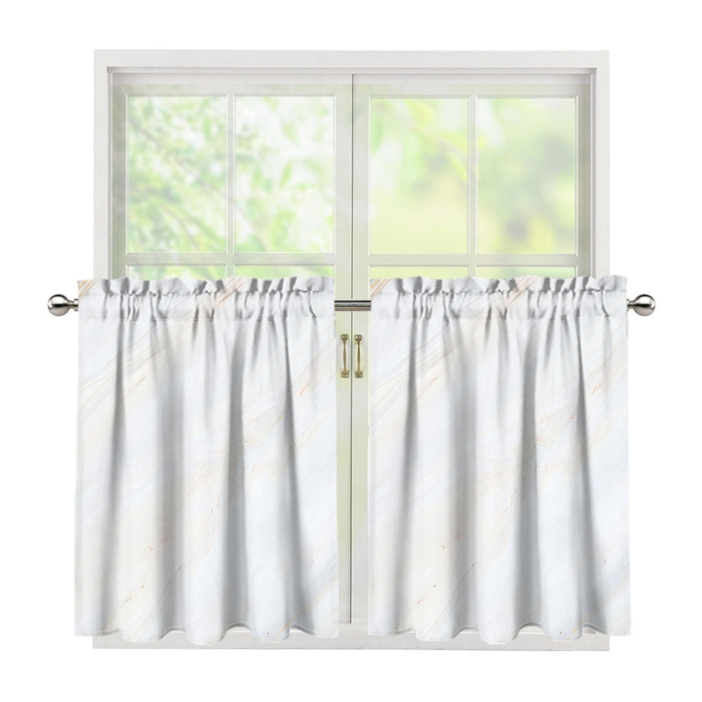 White Brown Smooth Marble Print Tier Curtains