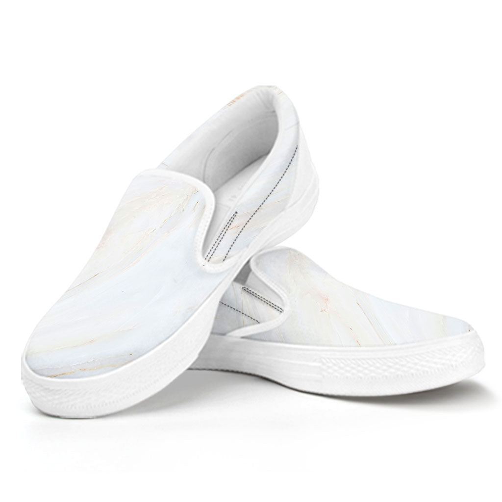 White Brown Smooth Marble Print White Slip On Sneakers