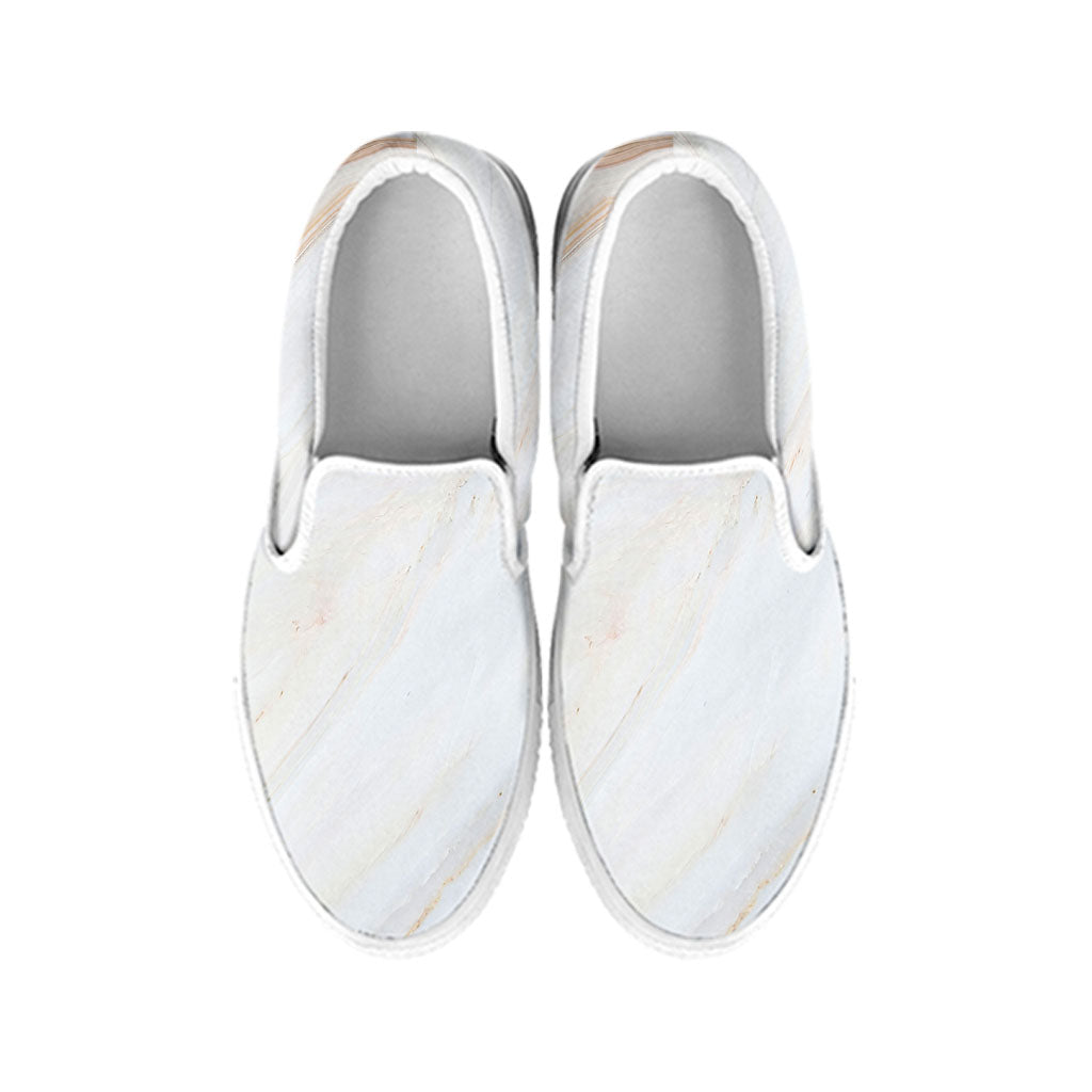 White Brown Smooth Marble Print White Slip On Sneakers