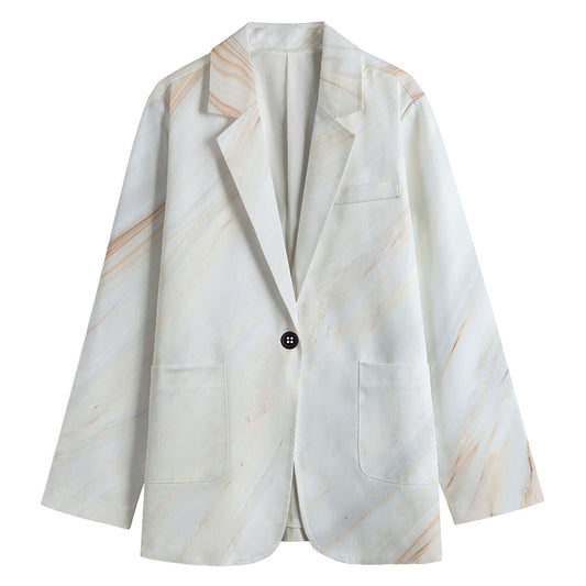 White Brown Smooth Marble Print Women's Cotton Blazer