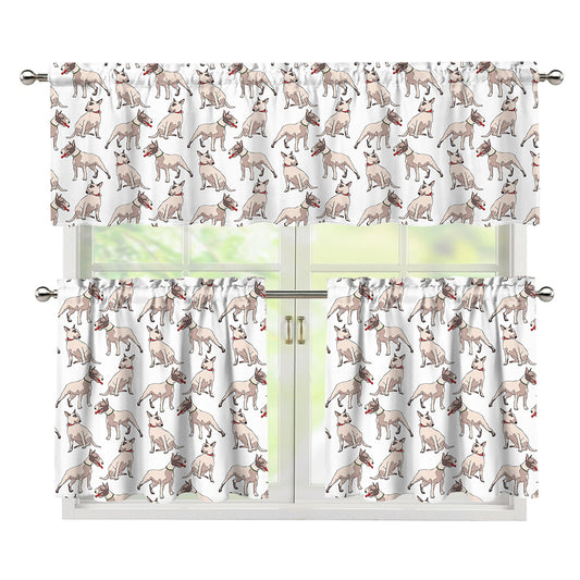 White Bull Terrier Pattern Print 3 Piece Kitchen Curtains
