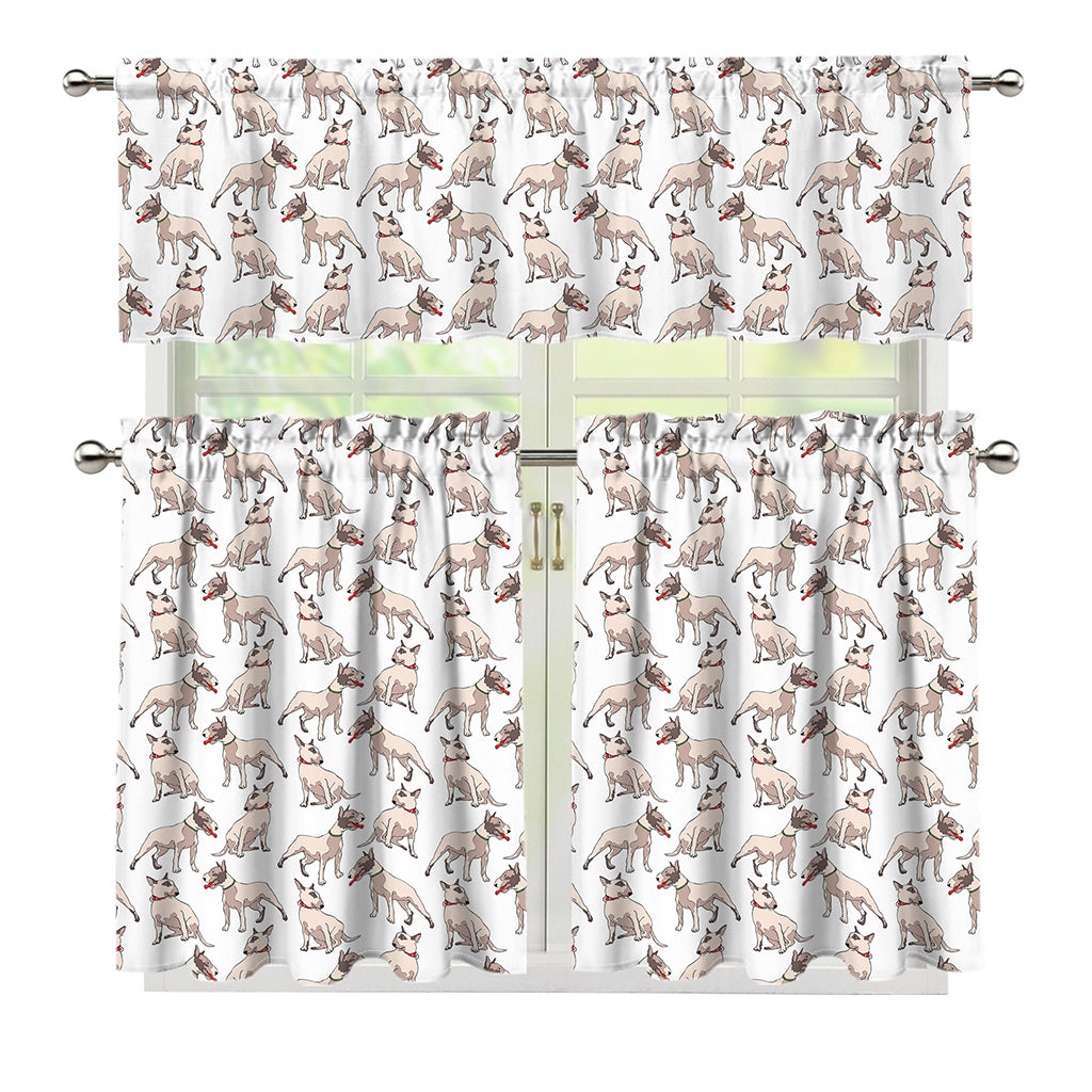 White Bull Terrier Pattern Print 3 Piece Kitchen Curtains