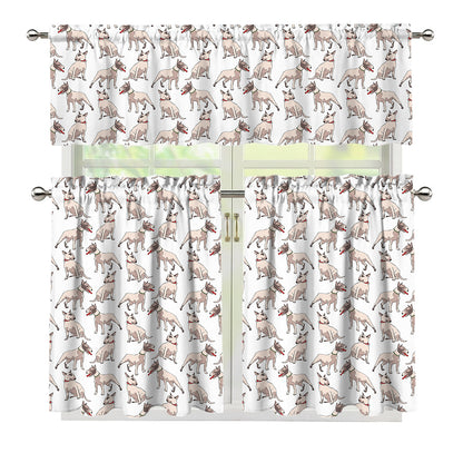 White Bull Terrier Pattern Print 3 Piece Kitchen Curtains