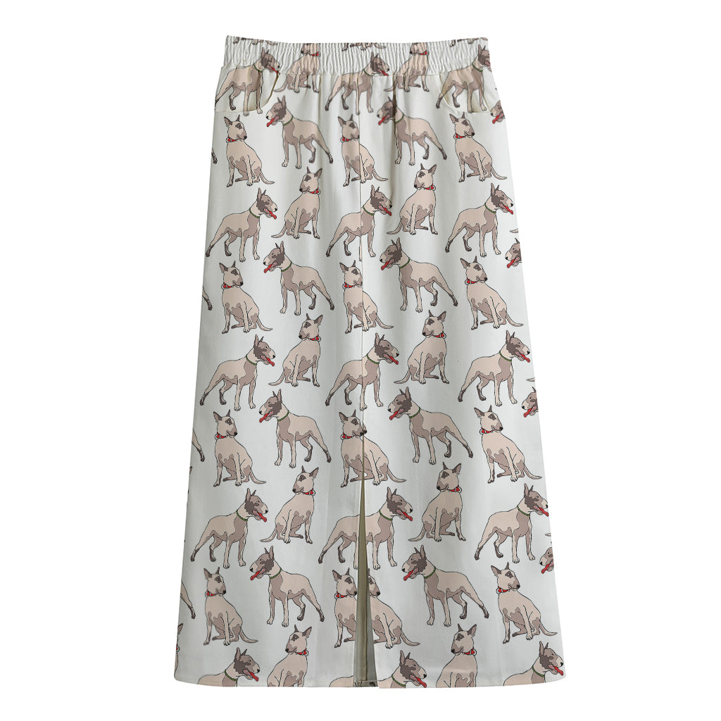 White Bull Terrier Pattern Print Cotton Front Slit Maxi Skirt