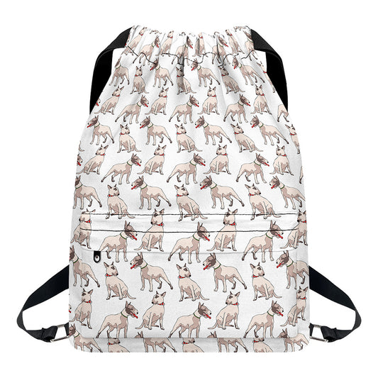 White Bull Terrier Pattern Print Drawstring Backpack
