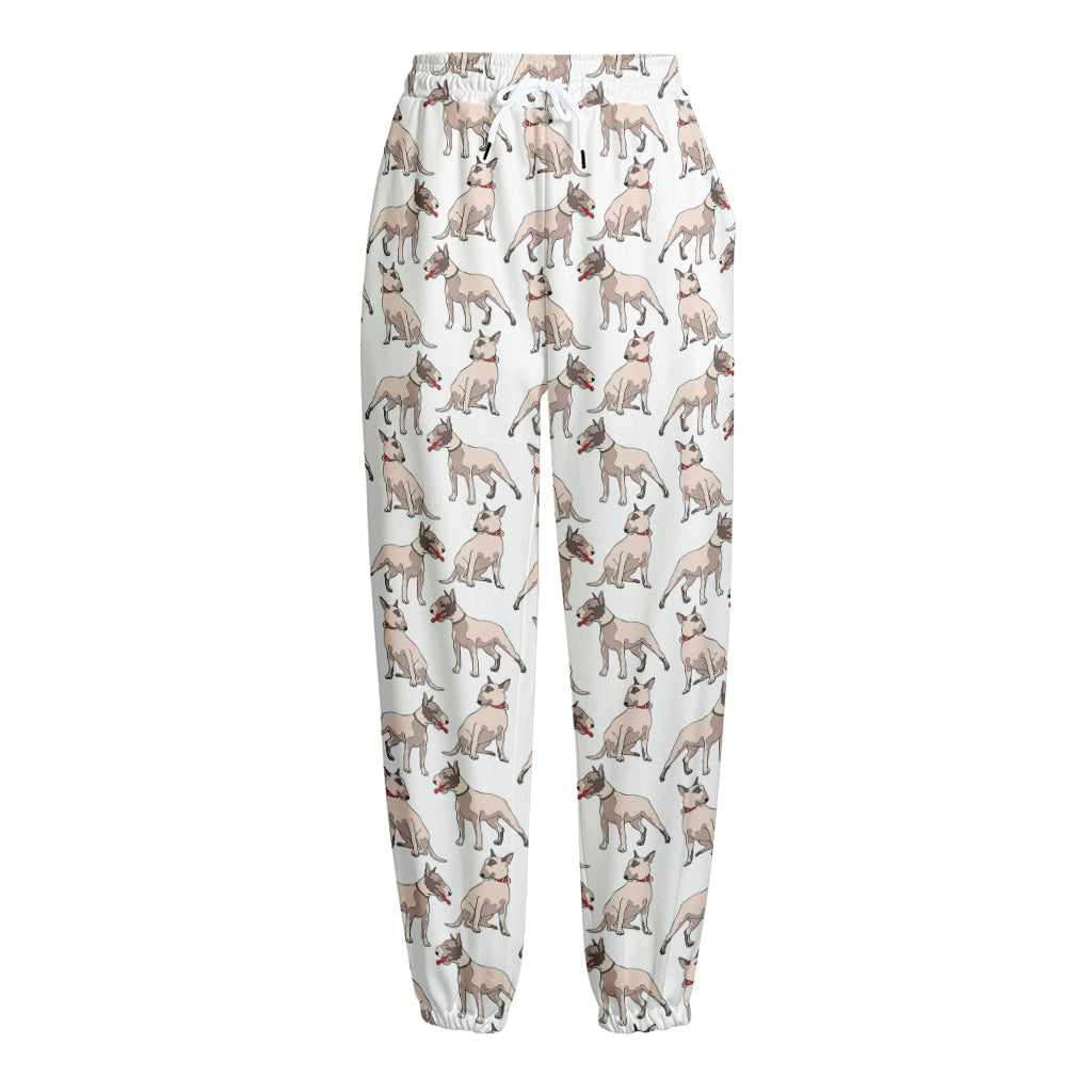 White Bull Terrier Pattern Print Fleece Lined Knit Pants