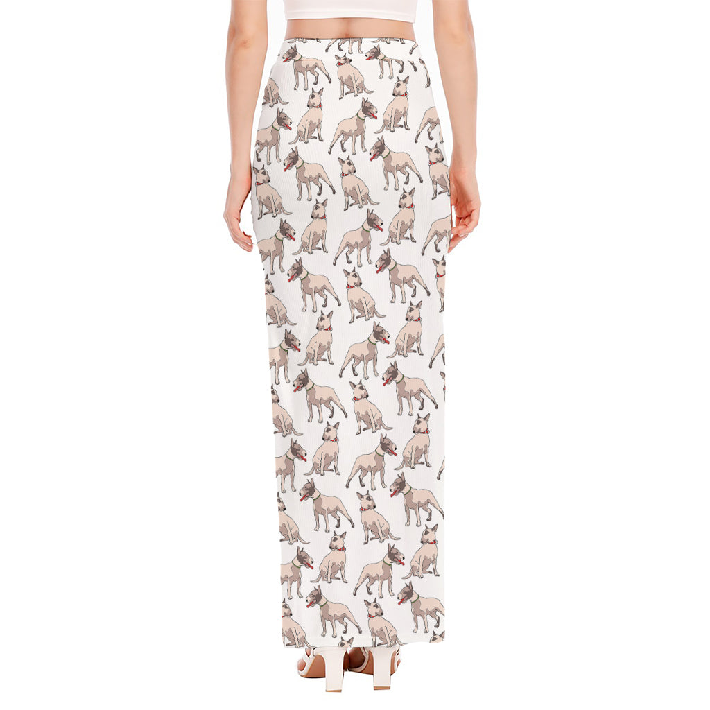 White Bull Terrier Pattern Print High Slit Maxi Skirt