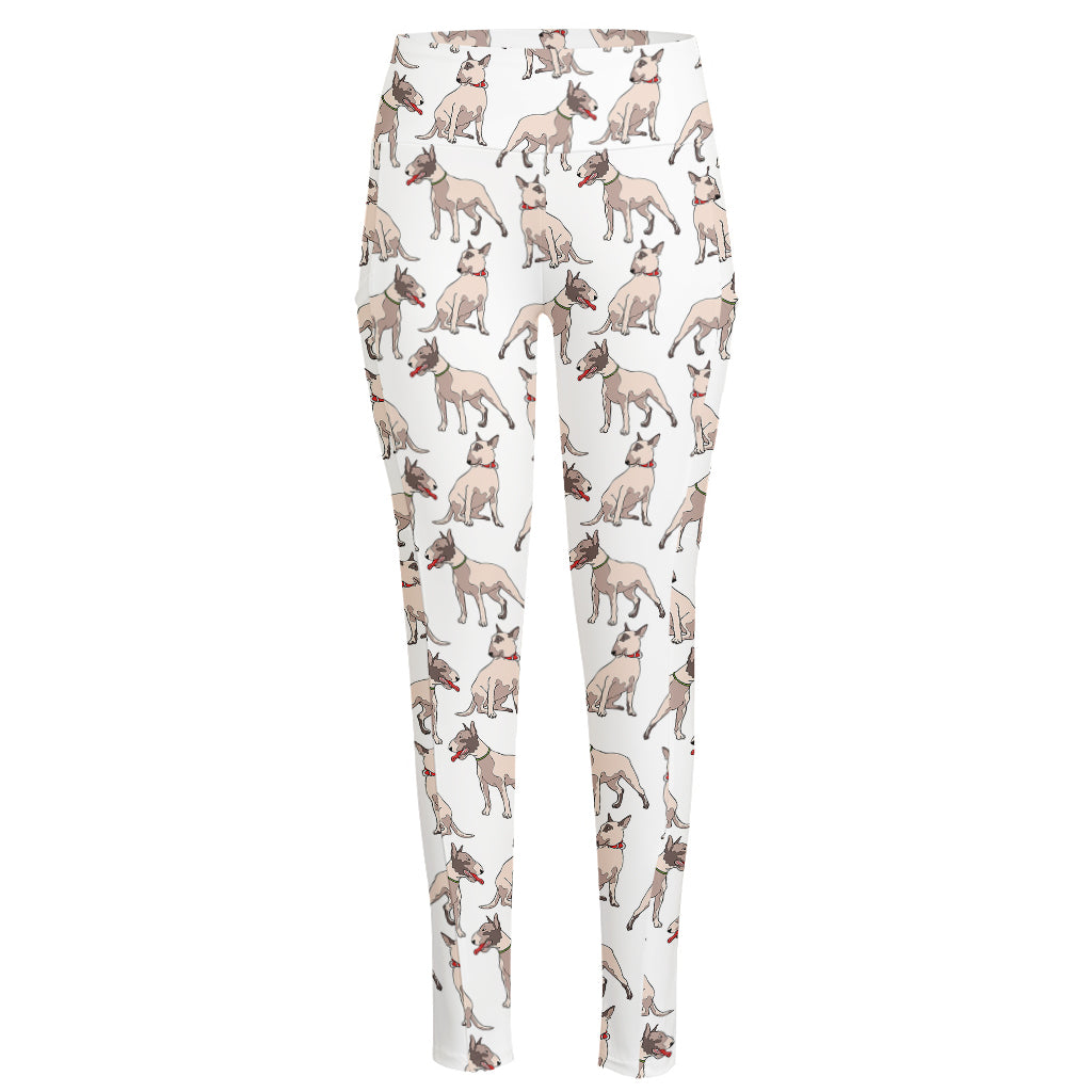 White Bull Terrier Pattern Print High-Waisted Pocket Leggings