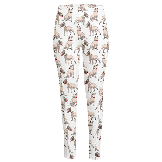 White Bull Terrier Pattern Print High-Waisted Pocket Leggings