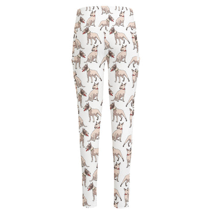 White Bull Terrier Pattern Print High-Waisted Pocket Leggings