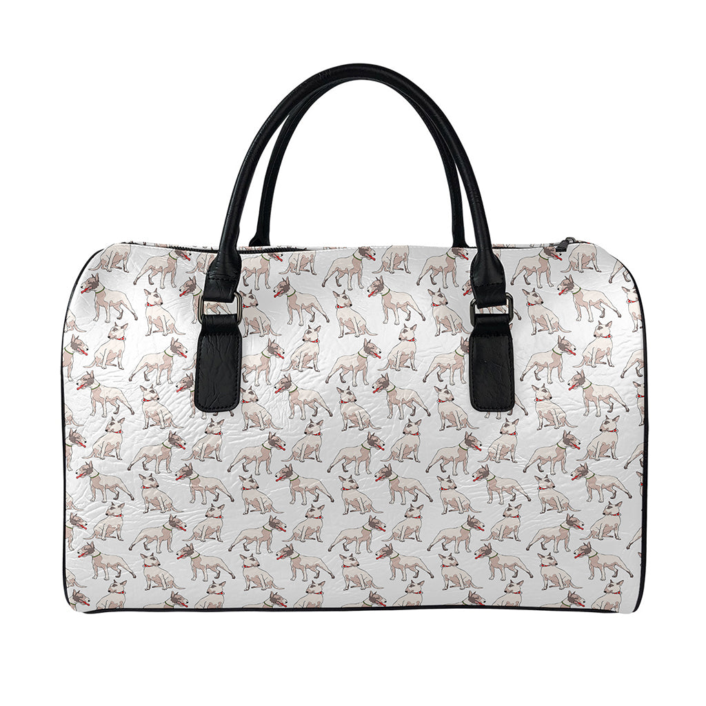 White Bull Terrier Pattern Print Leather Duffle Bag