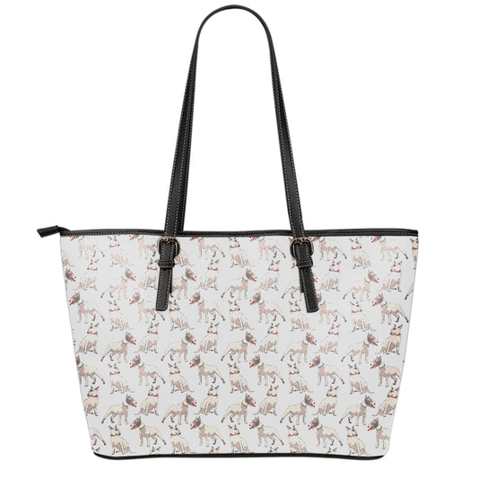 White Bull Terrier Pattern Print Leather Tote Bag