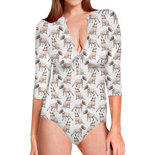 White Bull Terrier Pattern Print Long Sleeve Swimsuit