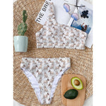 White Bull Terrier Pattern Print One Shoulder Bikini Top