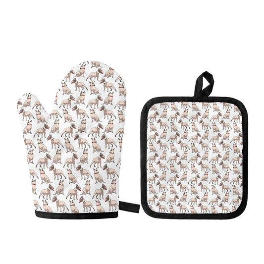 White Bull Terrier Pattern Print Oven Mitt And Pot Holder Set