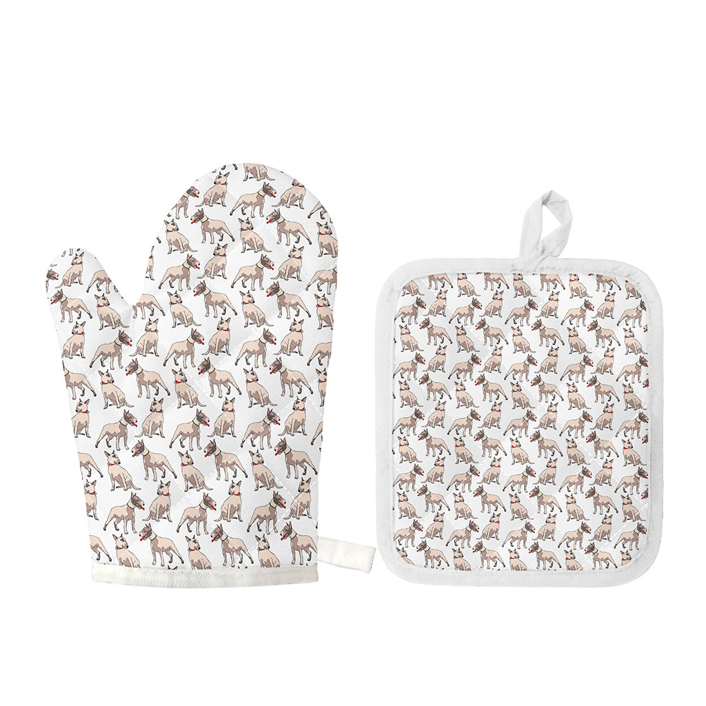 White Bull Terrier Pattern Print Oven Mitt And Pot Holder Set