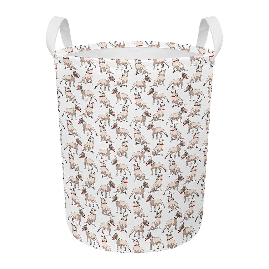 White Bull Terrier Pattern Print Round Laundry Basket