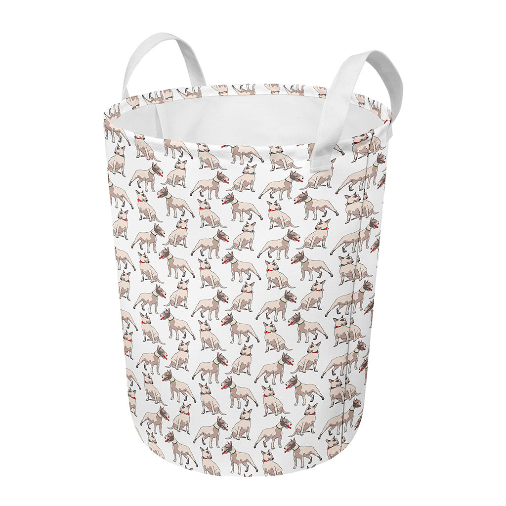 White Bull Terrier Pattern Print Round Laundry Basket