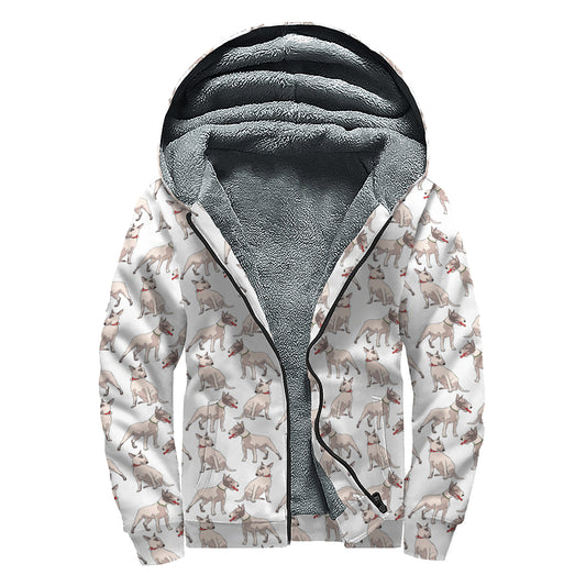 White Bull Terrier Pattern Print Sherpa Lined Zip Up Hoodie