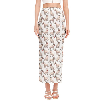 White Bull Terrier Pattern Print Side Slit Maxi Skirt