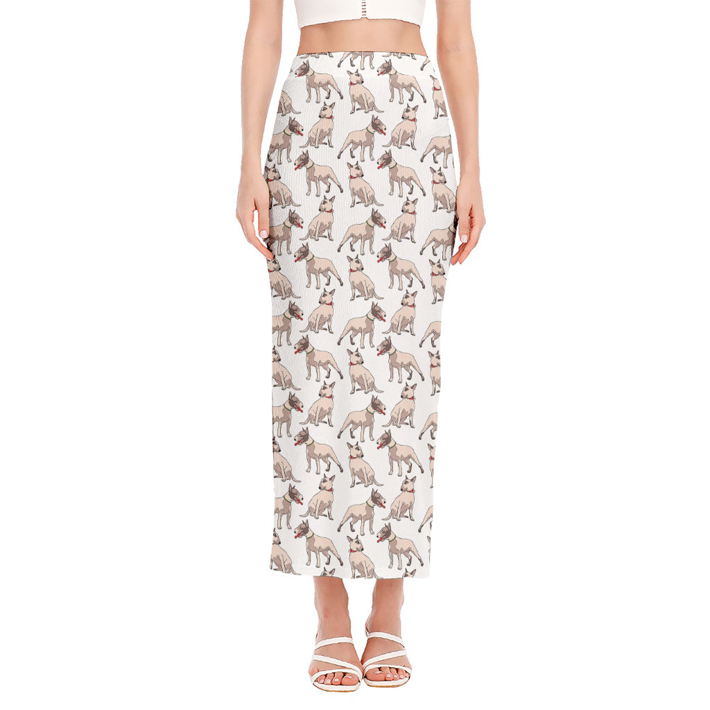 White Bull Terrier Pattern Print Side Slit Maxi Skirt