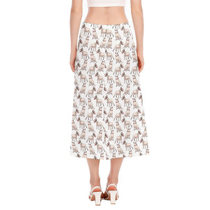 White Bull Terrier Pattern Print Side Slit Midi Skirt