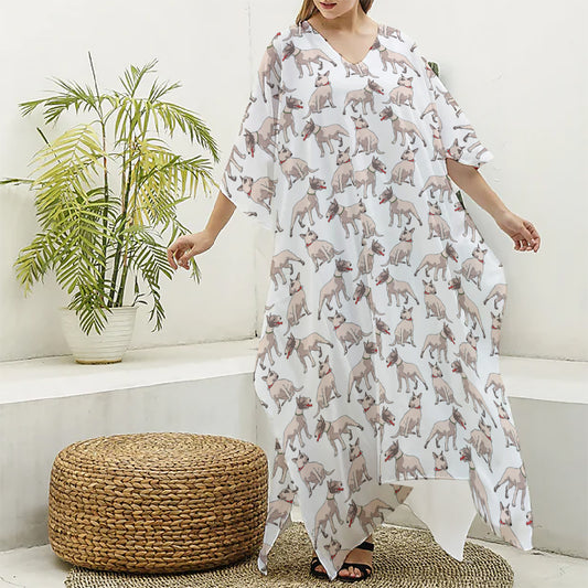 White Bull Terrier Pattern Print Silk V-Neck Kaftan Dress