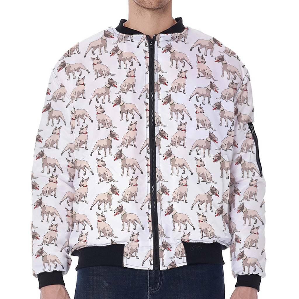 White Bull Terrier Pattern Print Zip Sleeve Bomber Jacket