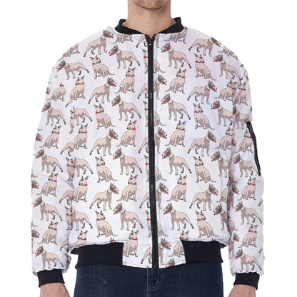 White Bull Terrier Pattern Print Zip Sleeve Bomber Jacket