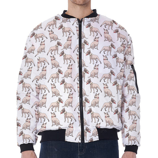 White Bull Terrier Pattern Print Zip Sleeve Bomber Jacket
