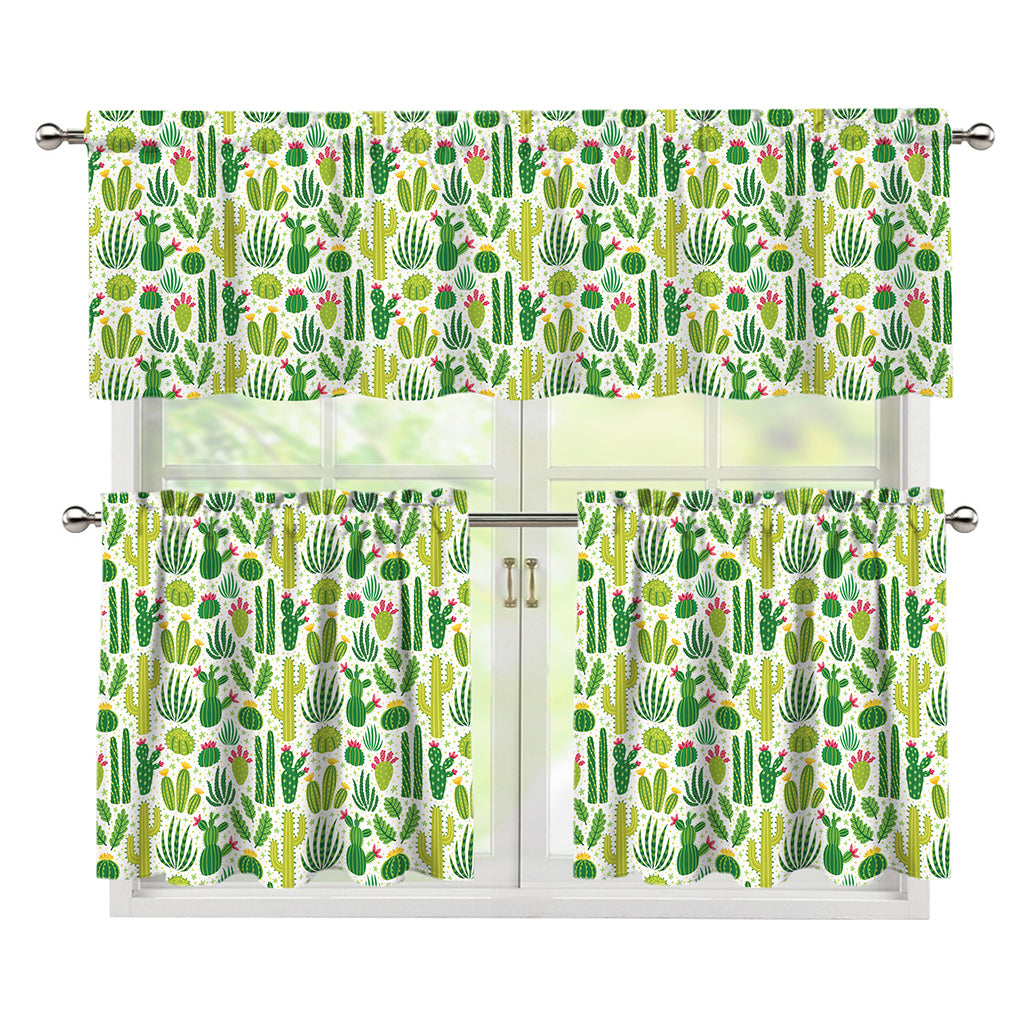 White Cactus Plant Pattern Print 3 Piece Kitchen Curtains