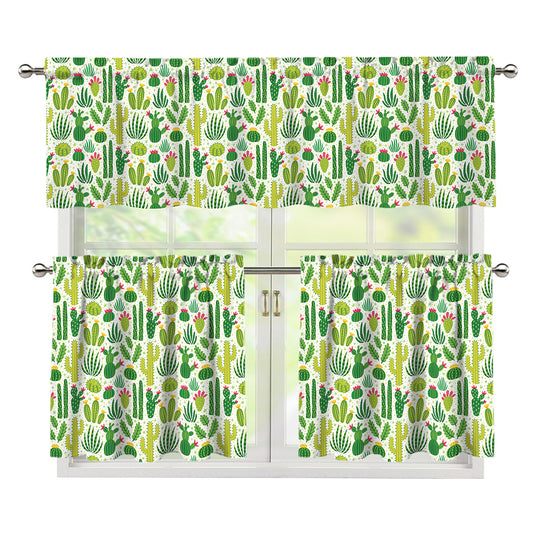 White Cactus Plant Pattern Print 3 Piece Kitchen Curtains