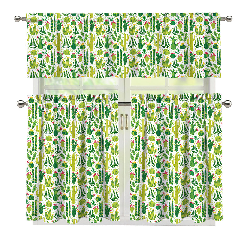 White Cactus Plant Pattern Print 3 Piece Kitchen Curtains