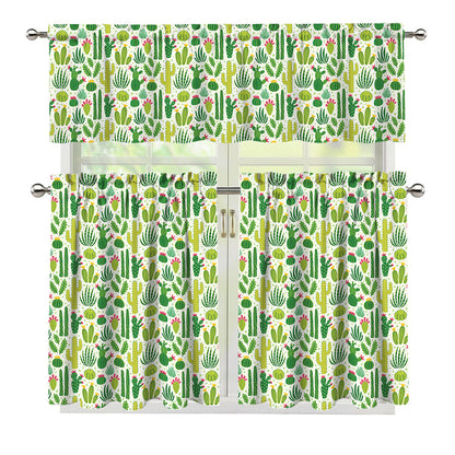 White Cactus Plant Pattern Print 3 Piece Kitchen Curtains