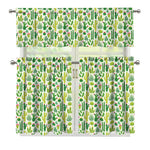 White Cactus Plant Pattern Print 3 Piece Kitchen Curtains