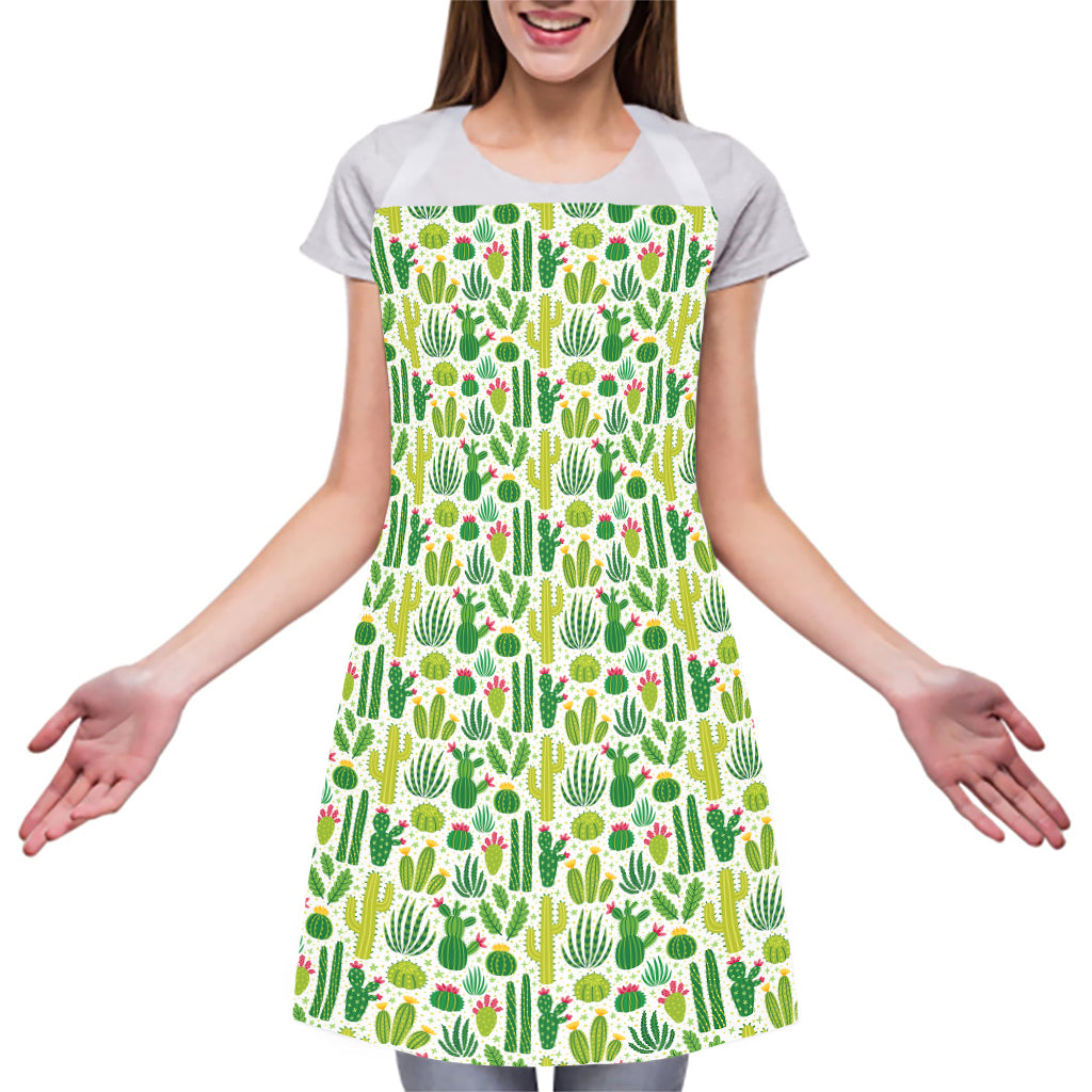 White Cactus Plant Pattern Print Adjustable Apron