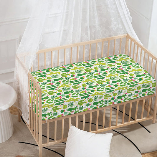 White Cactus Plant Pattern Print Baby Crib Sheet